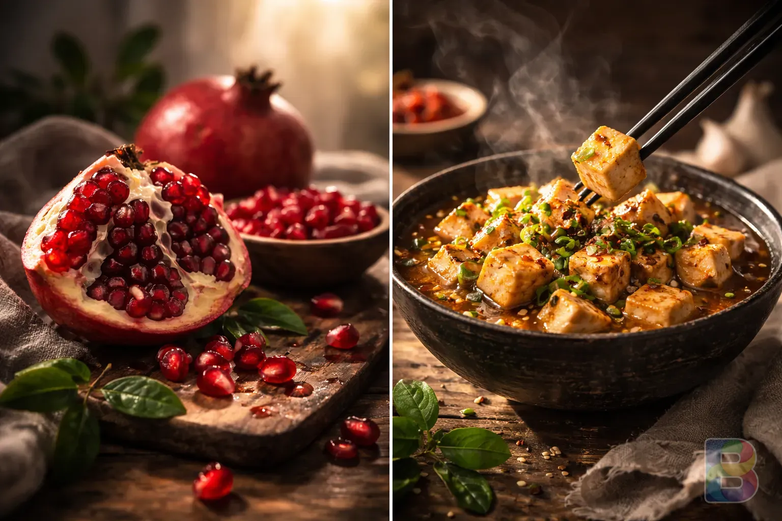 photorealistic, split composition showing fresh pomegranate on one side and a bowl of steaming tofu on the other, professional food photography, high detail, natural textures