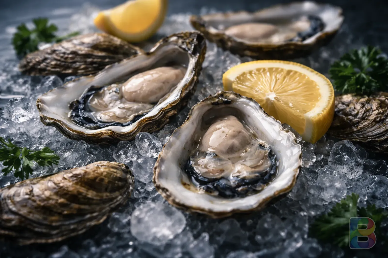 photorealistic, detailed shot of raw oysters on ice with a lemon slice, fresh and salty ocean vibe, cinematic lighting, cool blue and gray tones