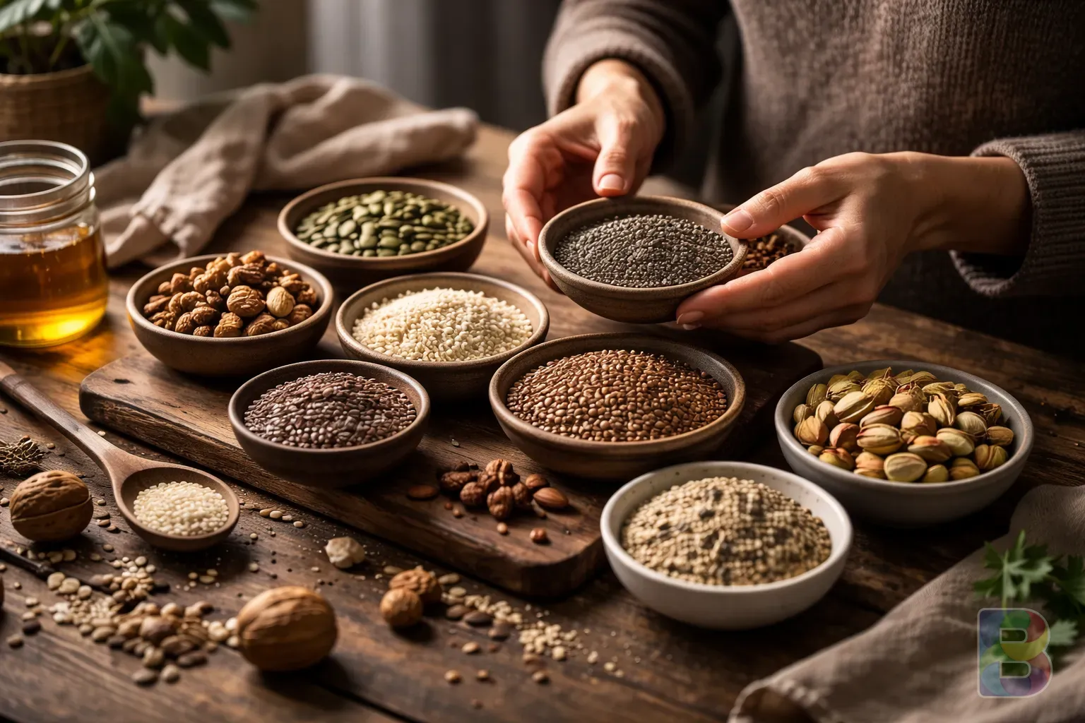photorealistic, a person organizing small bowls of various seeds and nuts, calm domestic setting, soft natural light, tactile and sensory focus