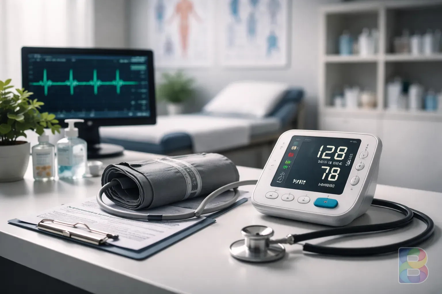 photorealistic, a clean doctor's office with a heart rate monitor and a blood pressure cuff, professional and reassuring environment, shallow depth of field