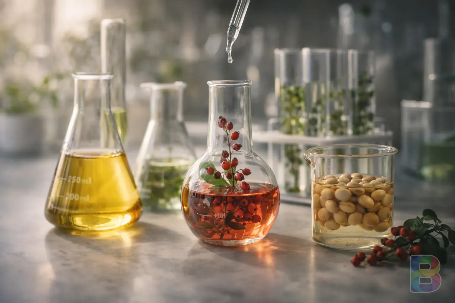 photorealistic, elegant laboratory setting with glass beakers and botanical extracts like soy and red berries, soft lighting, scientific yet natural aesthetic
