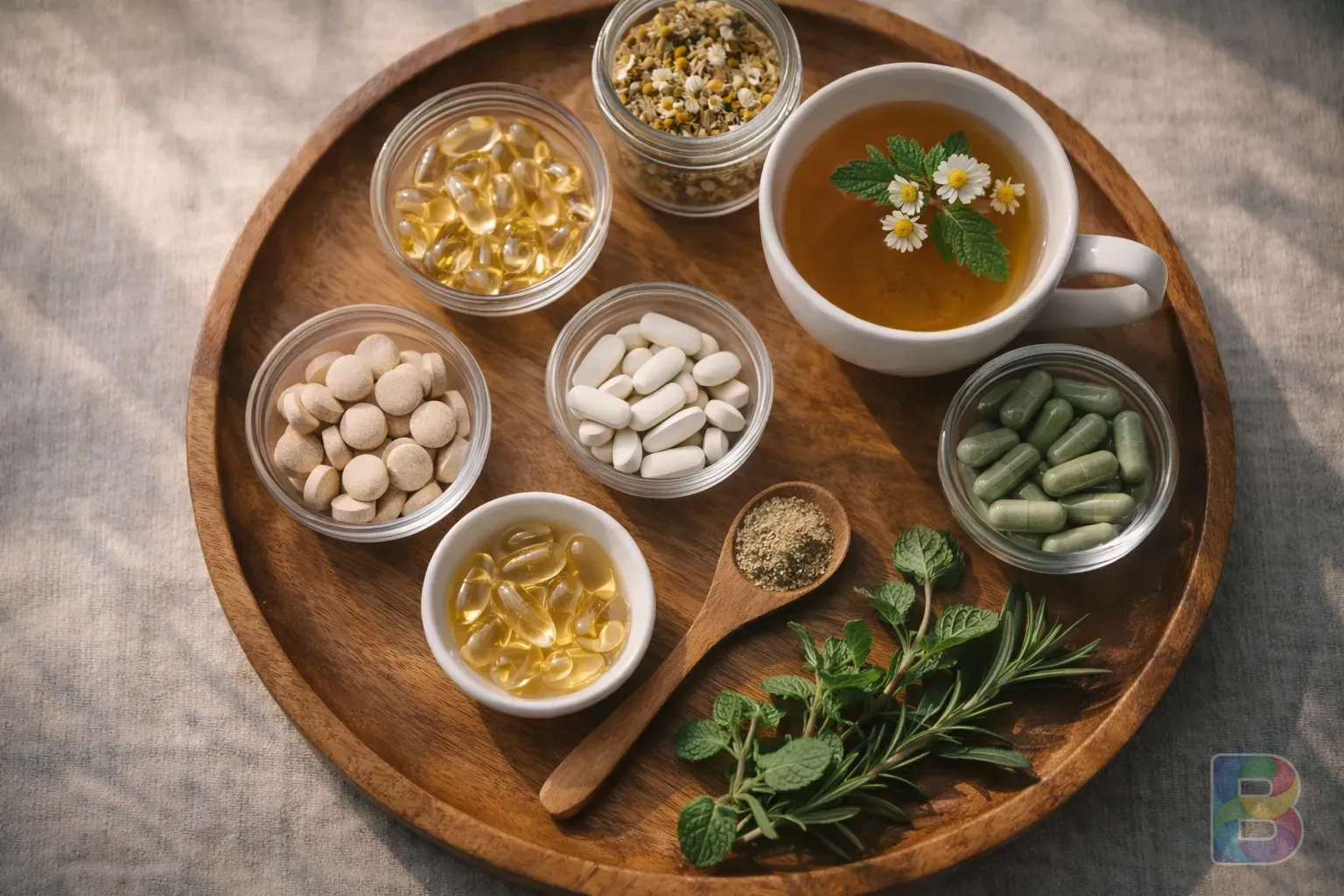 photorealistic, top-down shot of various healthy supplements, capsules, and herbal tea on a wooden tray, soft natural light, clean and organized