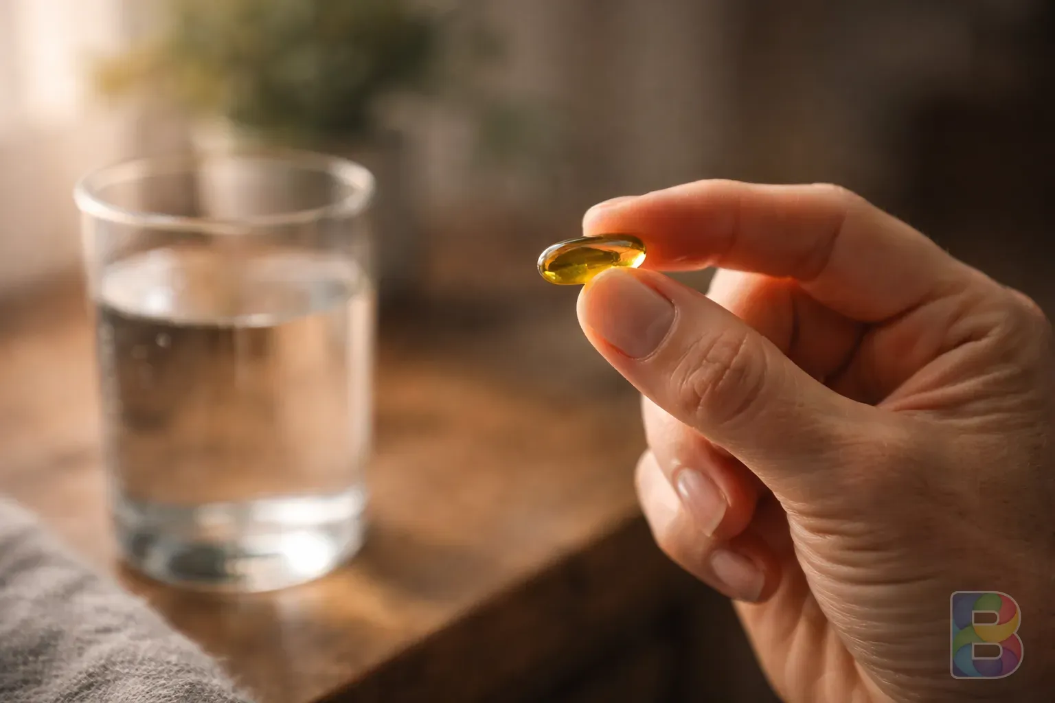 photorealistic, a person's hand holding a single smooth capsule with a glass of water nearby, soft focus on the background, thoughtful and calm mood