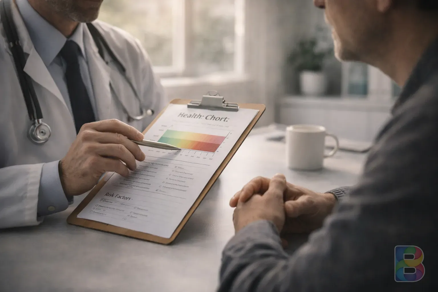 photorealistic, close-up of a doctor and patient discussing a health chart in a bright modern office, reassuring atmosphere, cinematic lighting