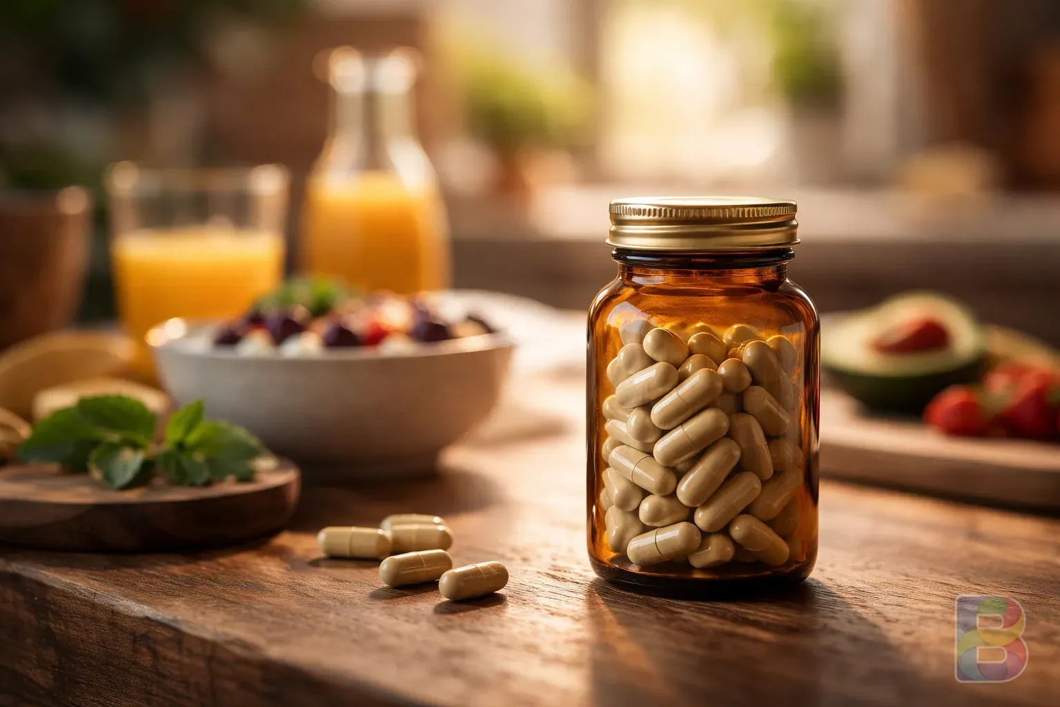 photorealistic, a modern glass bottle of supplement capsules on a wooden kitchen counter, blurred background of a healthy breakfast, warm natural light, cinematic mood