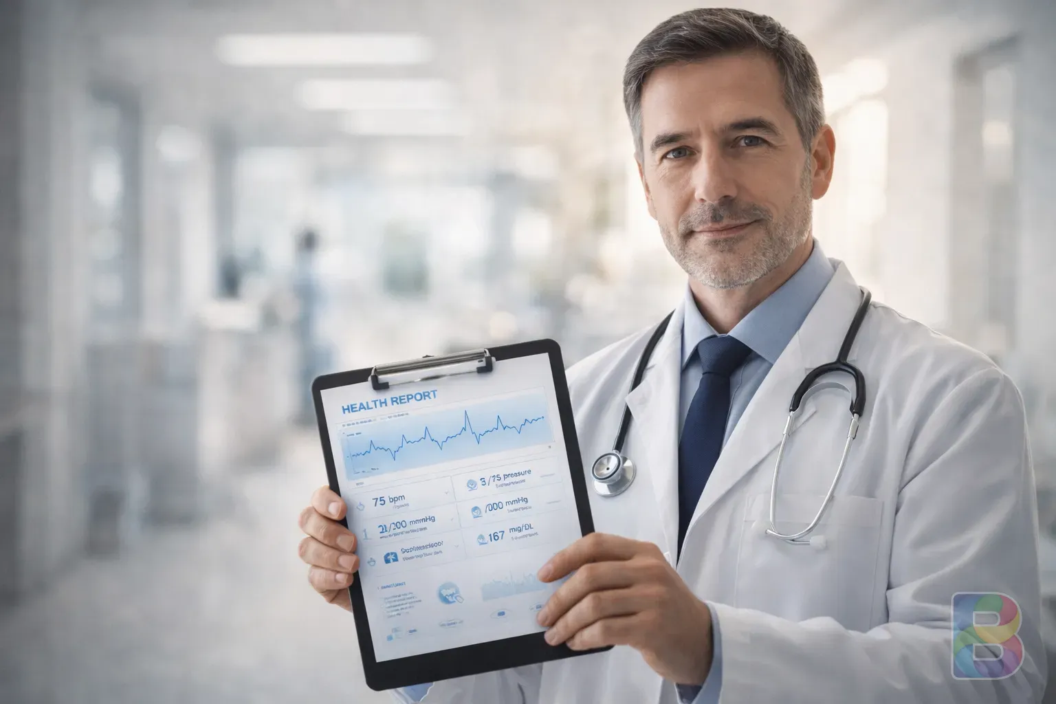 photorealistic, doctor in white coat holding a clipboard with a digital health chart, clean hospital background, reassuring look