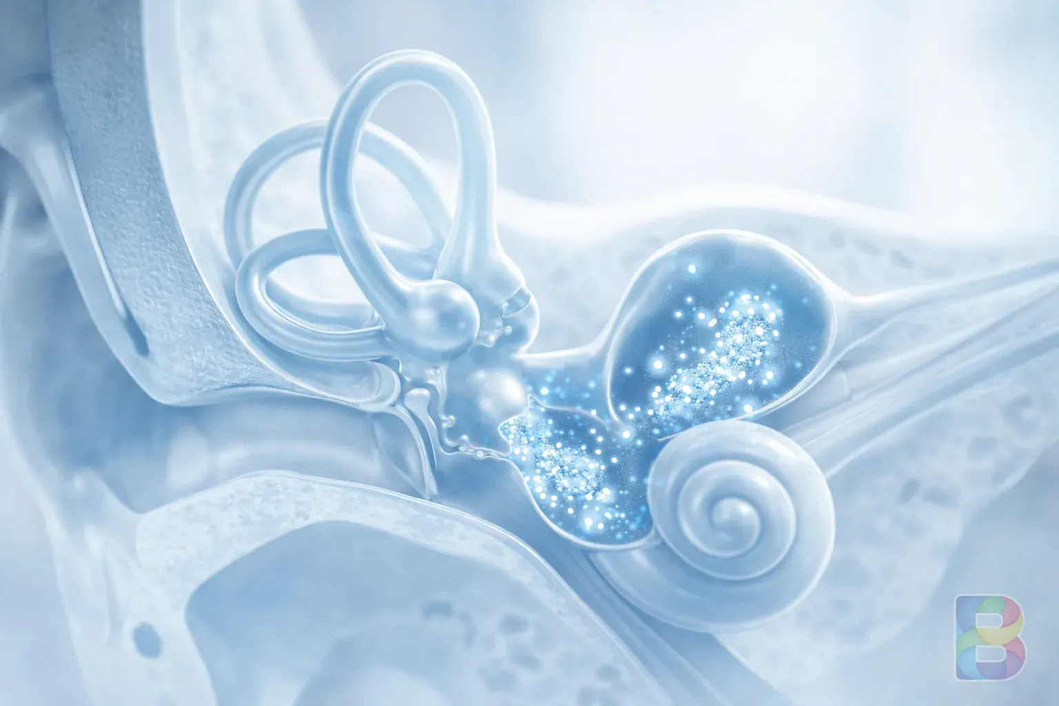 photorealistic, detailed medical illustration of the inner ear structure focusing on the vestibular system, glowing particles representing crystals, clean clinical style, soft blue and white lighting