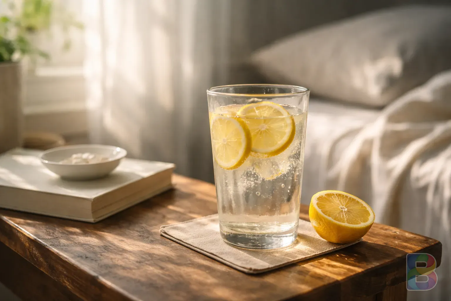 photorealistic, cinematic shot of a glass of lemon water on a wooden bedside table with morning sun rays, fresh and clean atmosphere