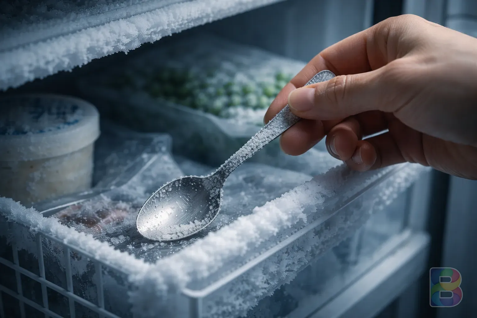 photorealistic, detail shot of a silver spoon being taken out of a frost-covered freezer, cinematic lighting, cold and crisp mood