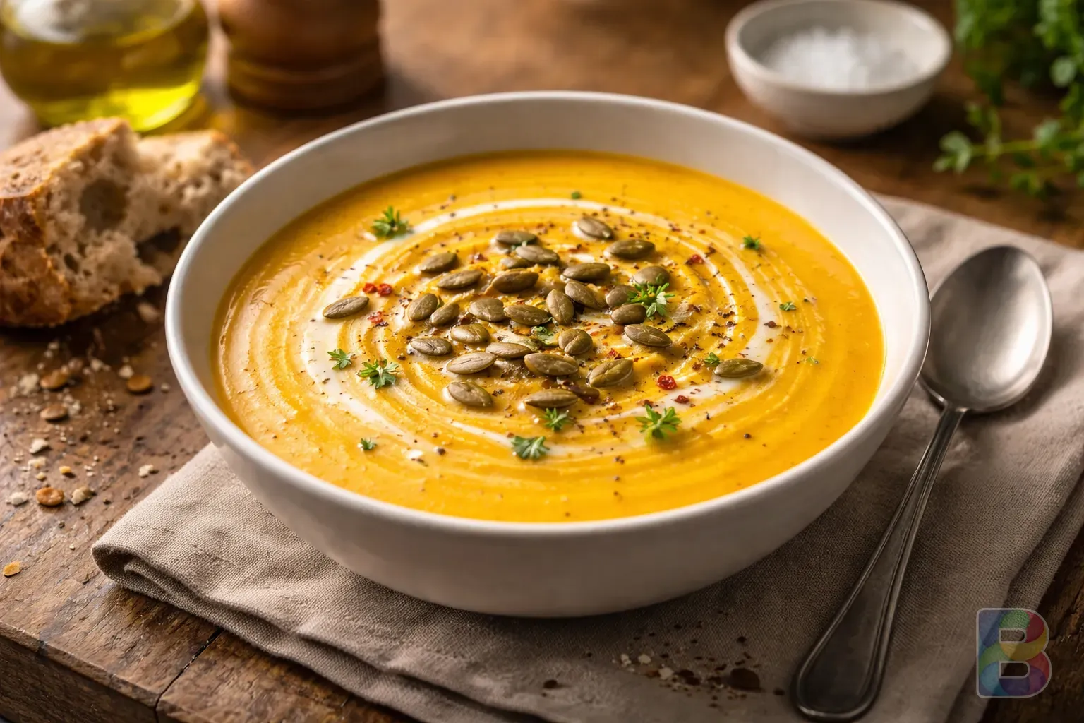 photorealistic, fresh yellow pumpkin soup in a modern bowl, high detail food photography, soft warm lighting, healthy lifestyle vibe