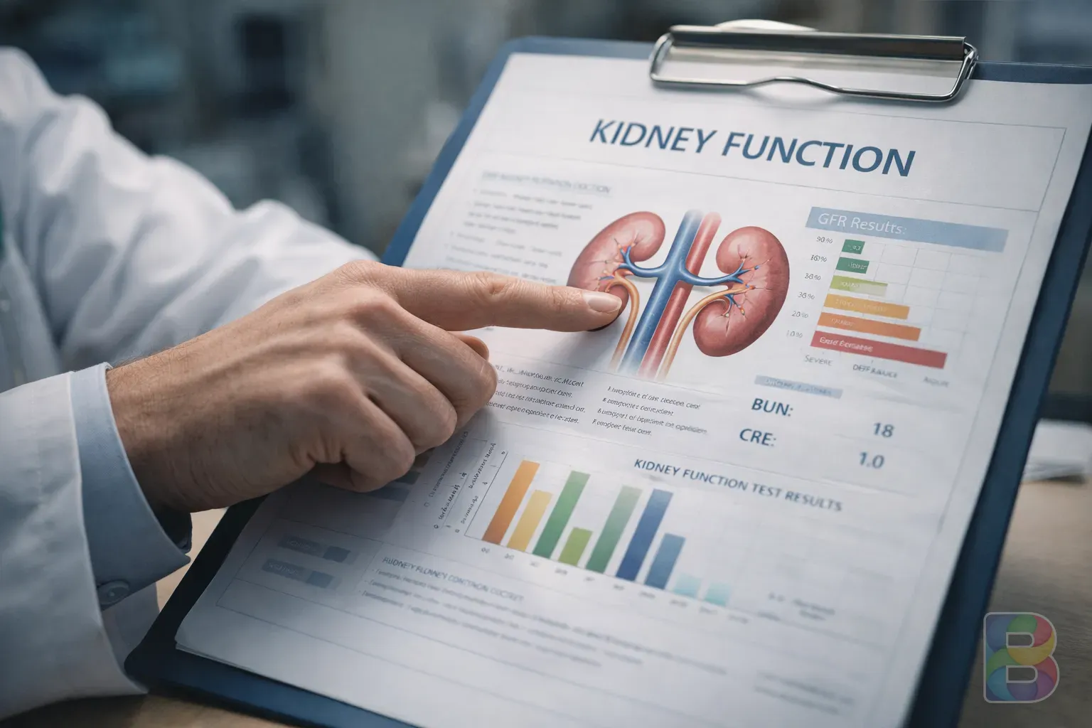photorealistic, close-up of a doctor's hand pointing at a medical chart showing kidney function, clinical setting, professional and reassuring atmosphere