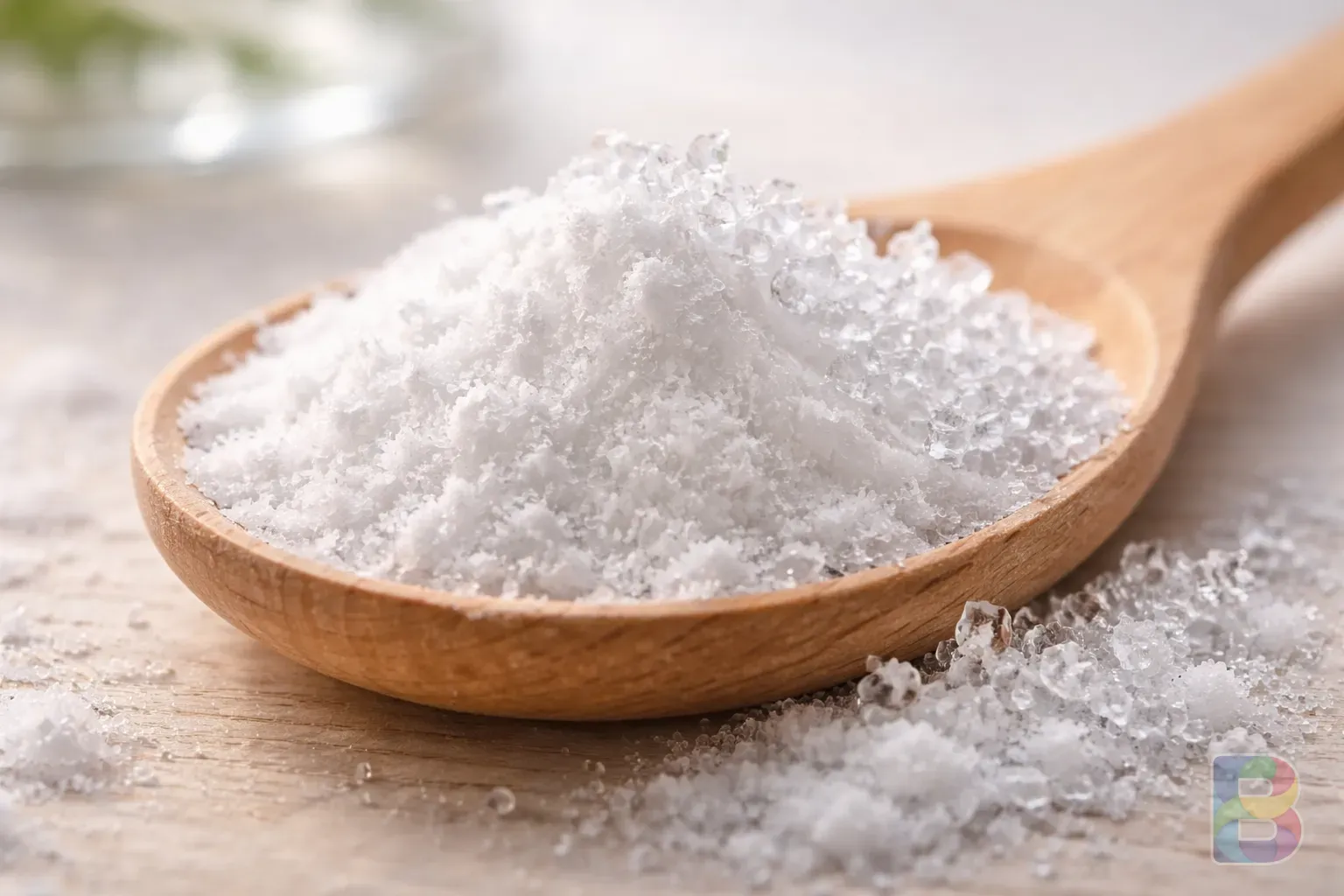 photorealistic, macro shot of white MSM powder and crystalline structures on a wooden spoon, clean medical aesthetic, soft natural light, high detail