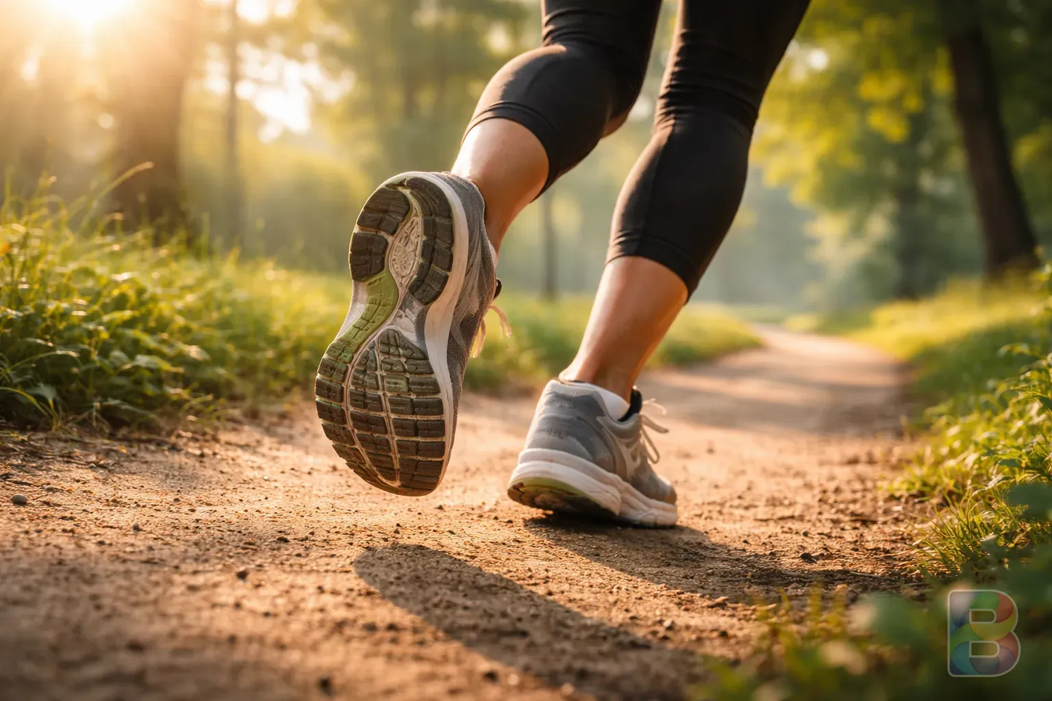 photorealistic, a person running lightly on a park trail with focus on their sneakers and legs, vibrant morning light, cinematic action shot, high detail
