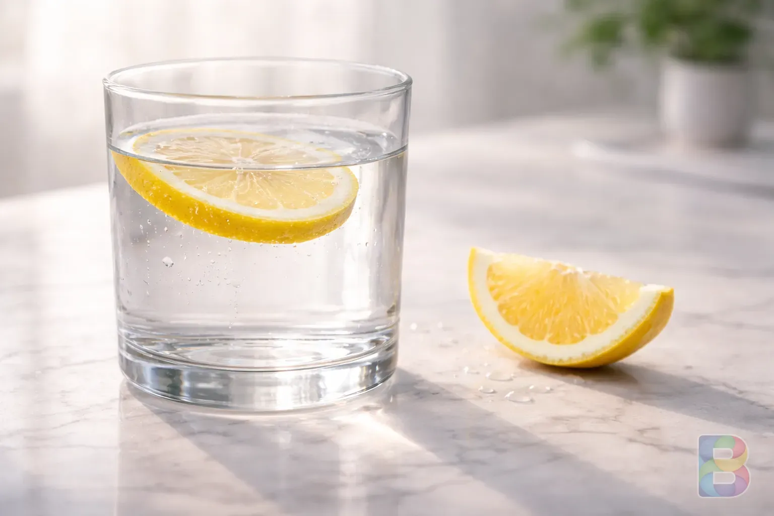 photorealistic, close-up of a glass of water with a slice of lemon on a side, clean clinical table, soft focus background, cinematic lighting