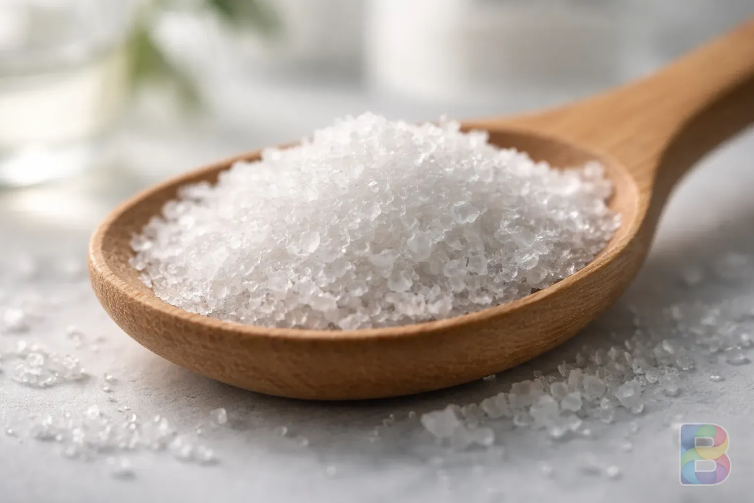 photorealistic, macro shot of white MSM crystals on a wooden spoon, soft natural light, clean clinical background, high texture detail