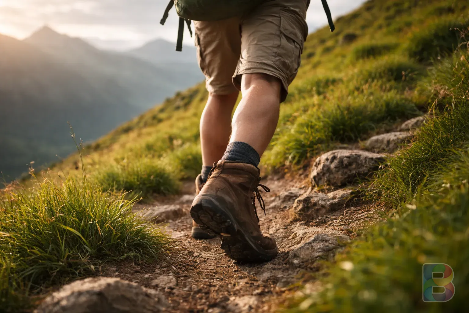 photorealistic, a person hiking up a green hill with a focus on their sturdy legs and boots, cinematic lighting, vibrant natural colors, feeling of mobility