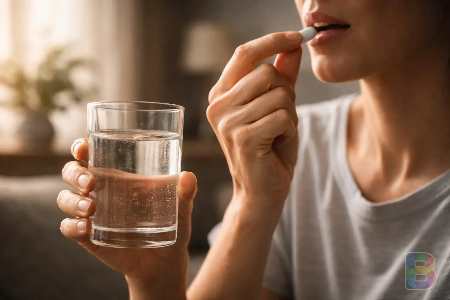 photorealistic, close-up of a person taking a supplement with a glass of water, focus on the hand and the glass, soft indoor lighting, cinematic atmosphere