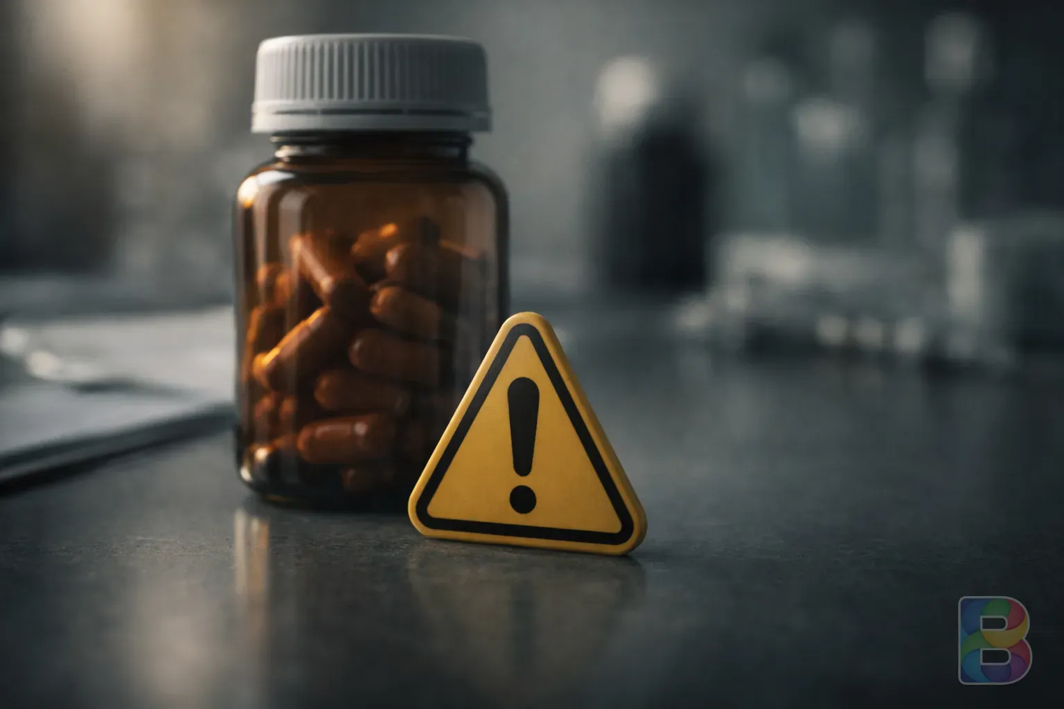 photorealistic, a warning sign or a subtle alert icon next to a medicine bottle, moody lighting, focus on caution, professional medical vibe