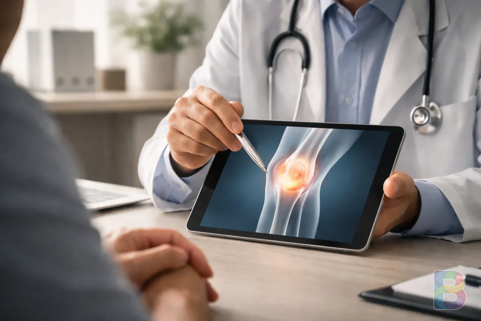 photorealistic, a doctor pointing at a joint diagram on a tablet screen, explaining to a patient, modern clinic interior, professional and reassuring mood