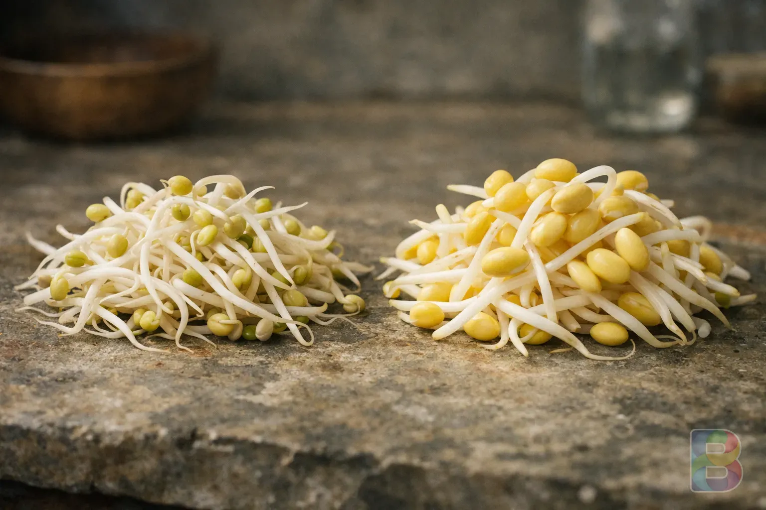photorealistic, side-by-side comparison of mung bean sprouts and soybean sprouts on a stone countertop, highlighting different head shapes and stem thickness, natural lighting