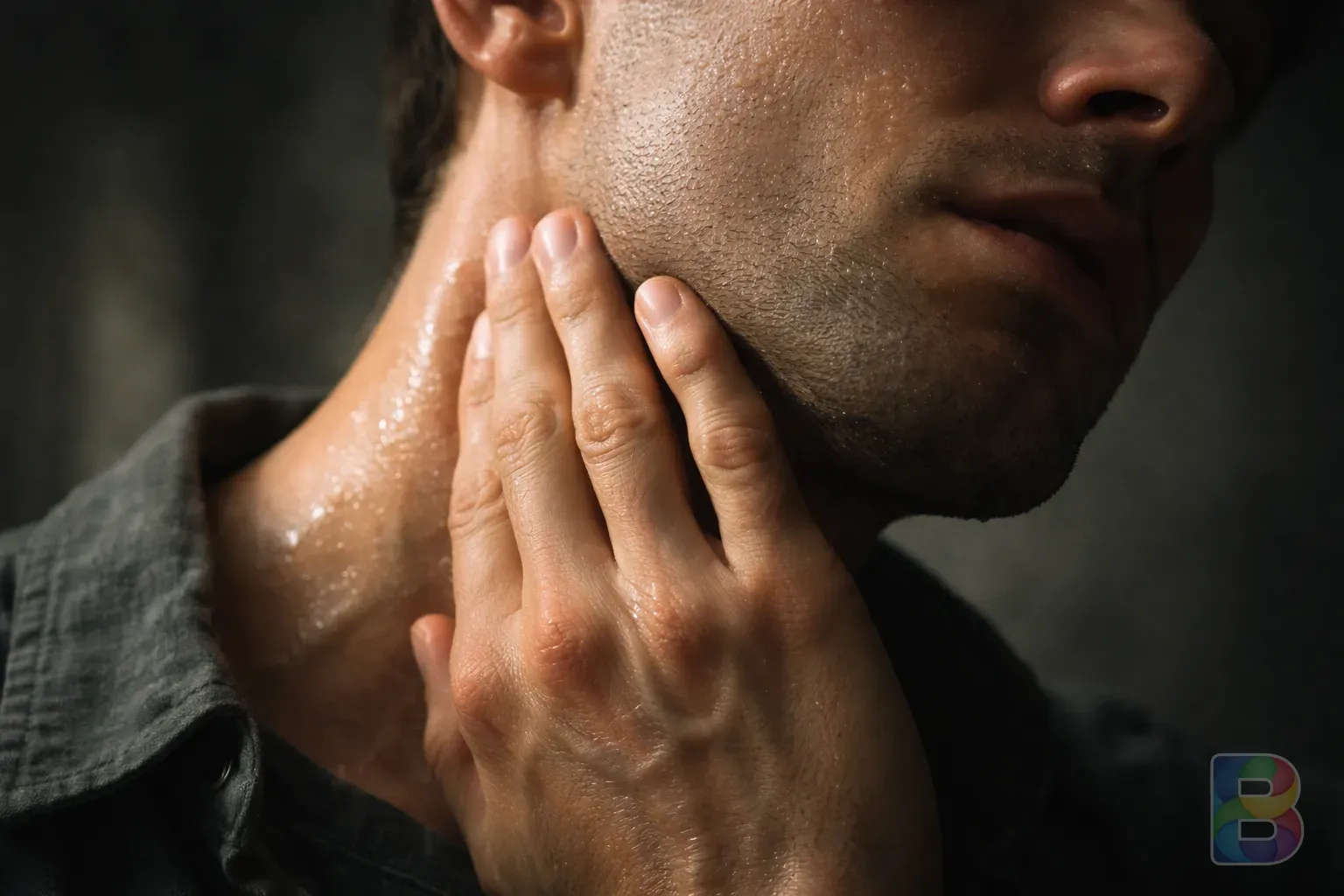 photorealistic, detail shot of a person sweating and holding their jaw and neck in discomfort, soft dramatic lighting, cinematic mood, high detail
