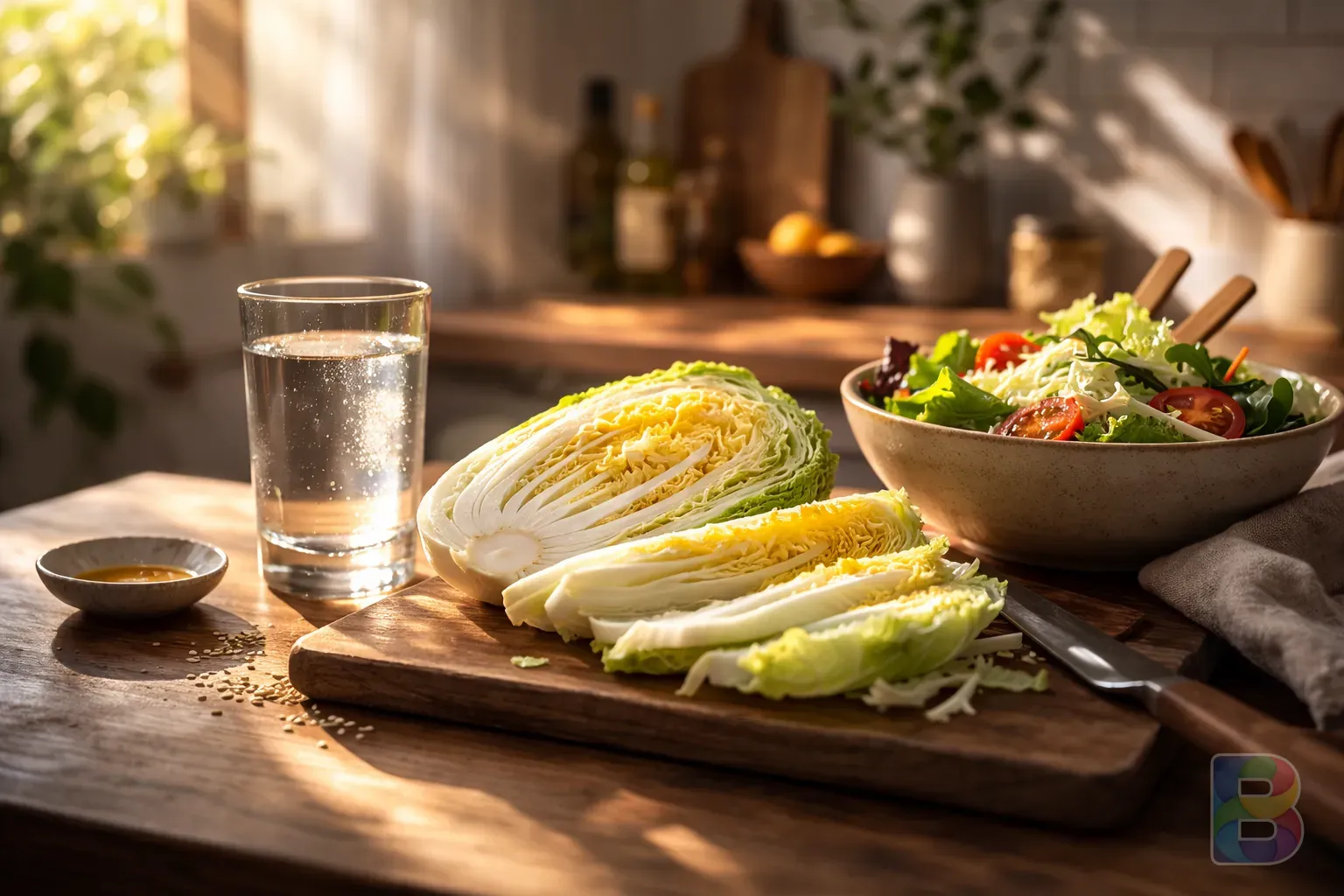 photorealistic, a clean wooden kitchen counter with sliced cabbage, a glass of water, and a bowl of salad, soft natural lighting, healthy lifestyle mood