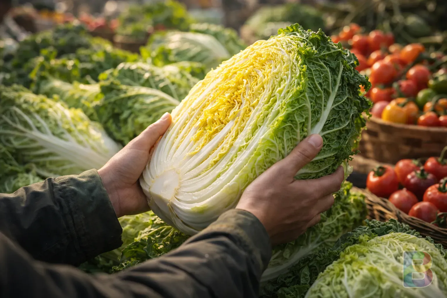 photorealistic, a person's hands carefully selecting a heavy, bright Napa cabbage at an outdoor market, cinematic lighting, vibrant colors