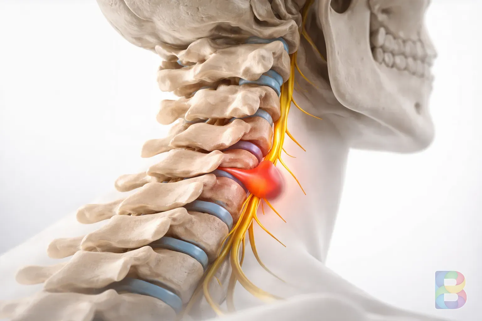 photorealistic, medical illustration of the human cervical spine showing a herniated disc, clean clinical background, professional lighting, high detail
