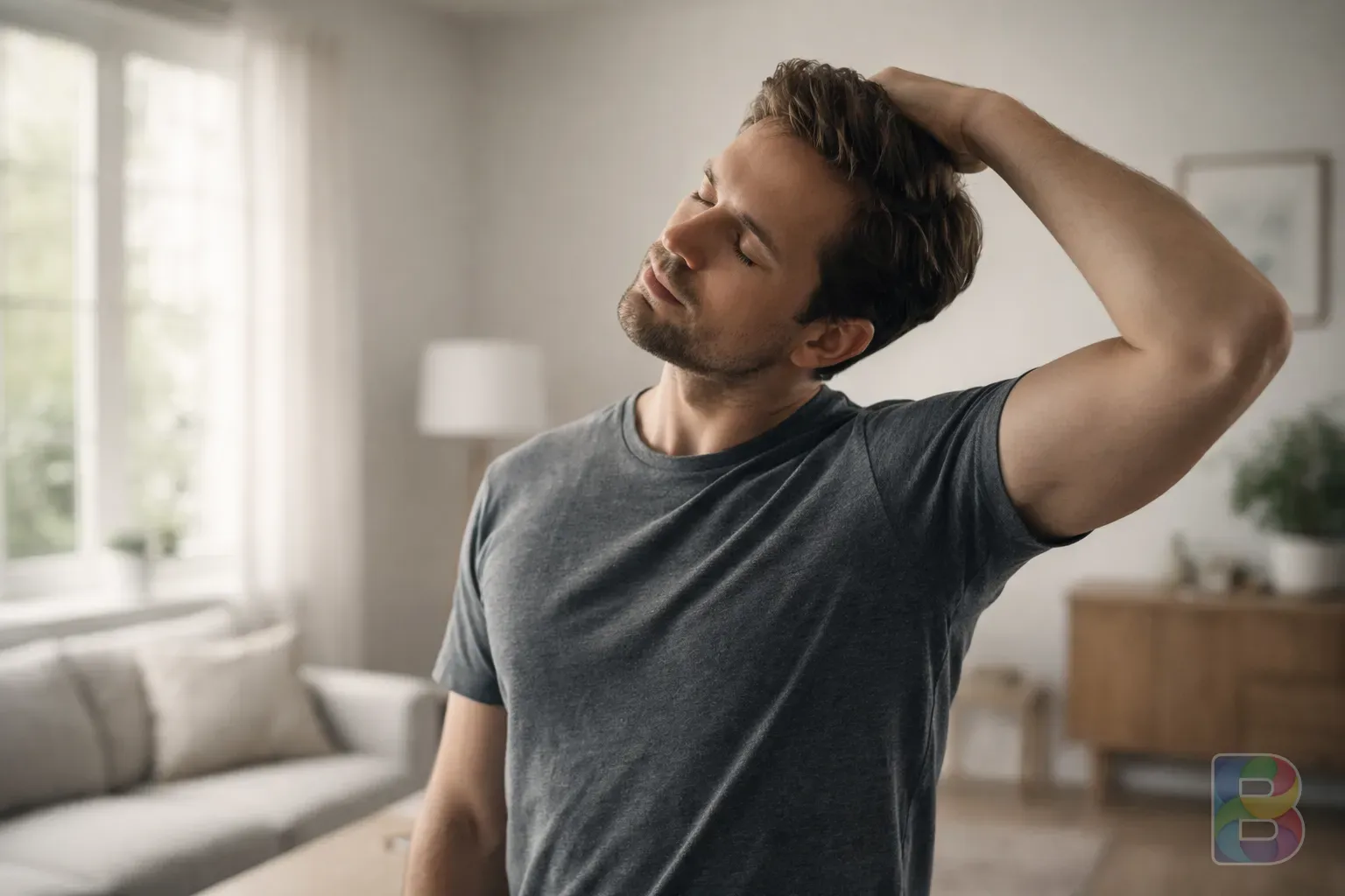 photorealistic, a person practicing gentle neck stretches in a bright minimalist living room, focus on correct posture, soft cinematic lighting, peaceful mood