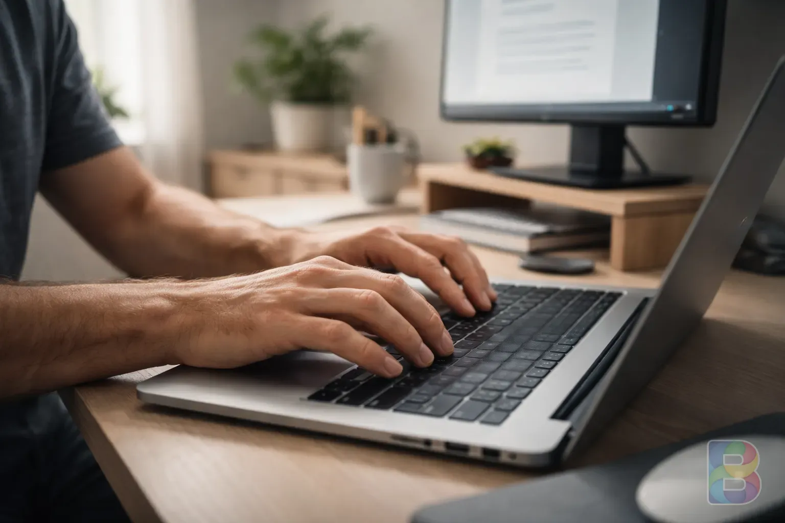photorealistic, close-up of hands typing on a laptop with a small ergonomic monitor stand in the background, soft office lighting, focus on posture