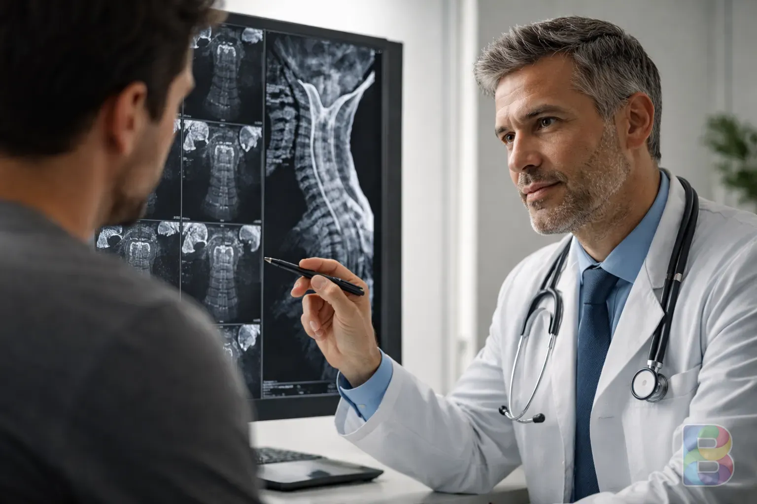 photorealistic, a doctor pointing to a patient's MRI scan of the neck, professional clinical setting, reassuring and serious mood, high detail