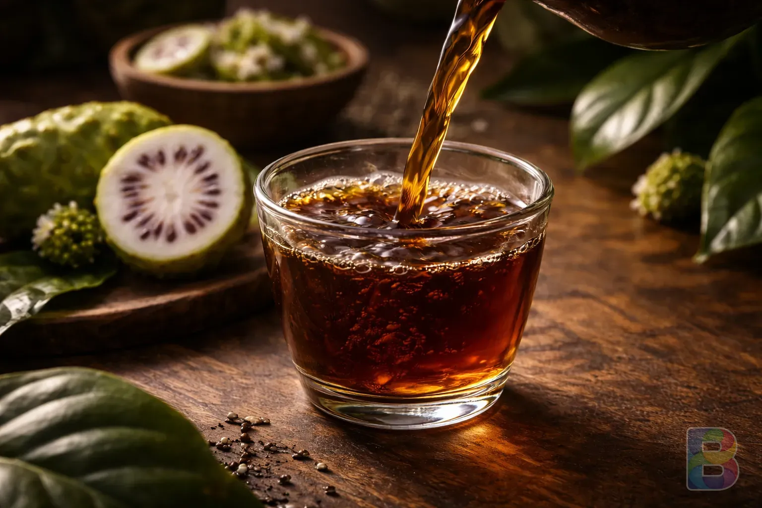 photorealistic, close-up of noni juice being poured into a small glass, dark amber liquid, moody lighting, botanical art style, elegant wooden surface
