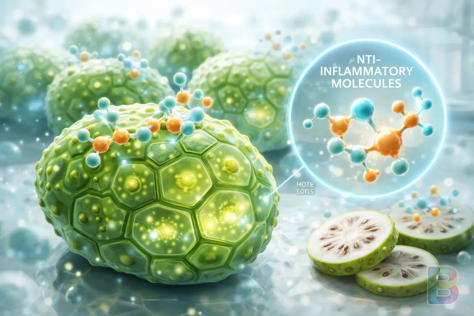 photorealistic, scientific illustration of anti-inflammatory molecules, stylized noni cells, bright clean clinical background, micro-perspective