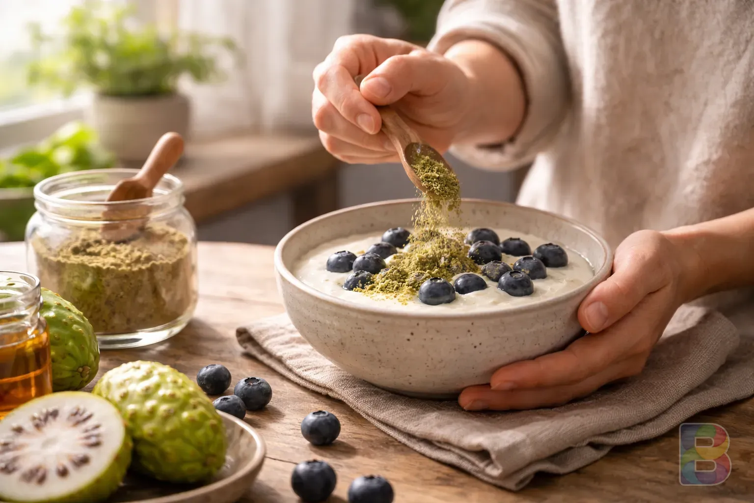 photorealistic, a person mixing noni powder into a bowl of yogurt with fresh blueberries, kitchen interior, bright airy morning light, focus on hands and texture