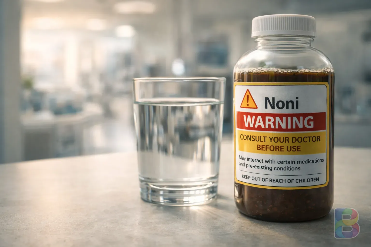 photorealistic, close-up of a glass of water and a bottle of noni, emphasis on a warning label, blurred hospital background, clinical but warm lighting