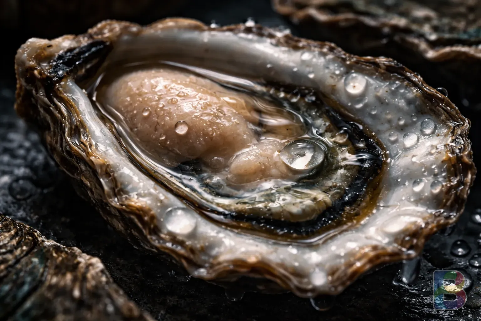 photorealistic, micro shot of water droplets on a fresh oyster shell, dark moody background, sharp focus, cinematic lighting, high detail
