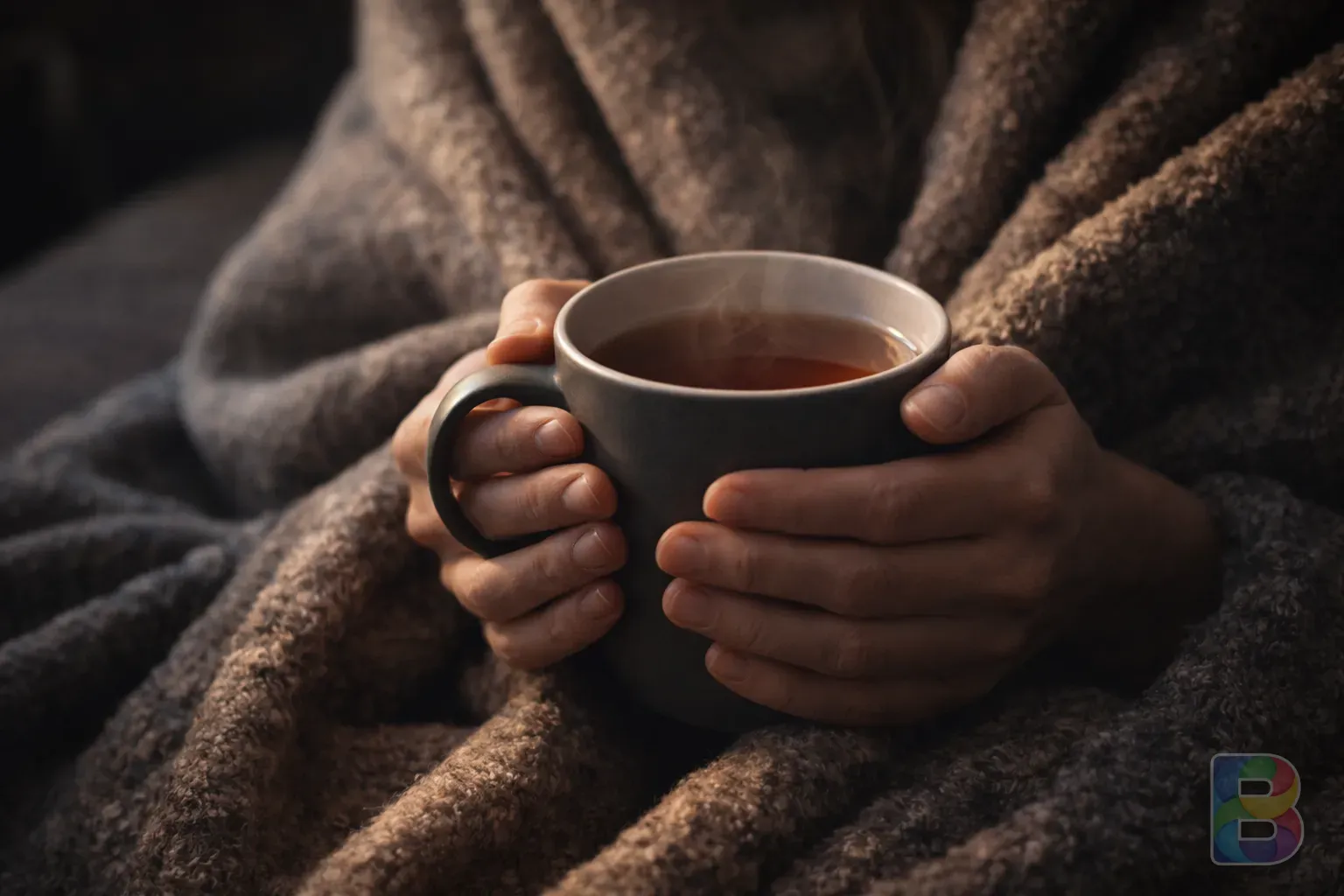 photorealistic, detail shot of a person wrapped in a thick blanket holding a mug of warm tea, soft moody lighting, focus on hands, cinematic atmosphere