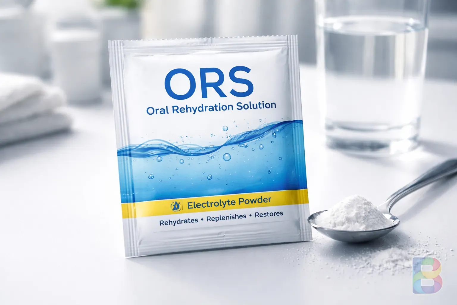 photorealistic, close-up of an ORS (Oral Rehydration Solution) packet and a spoon on a clean white table, bright clinical light, focus on the packet