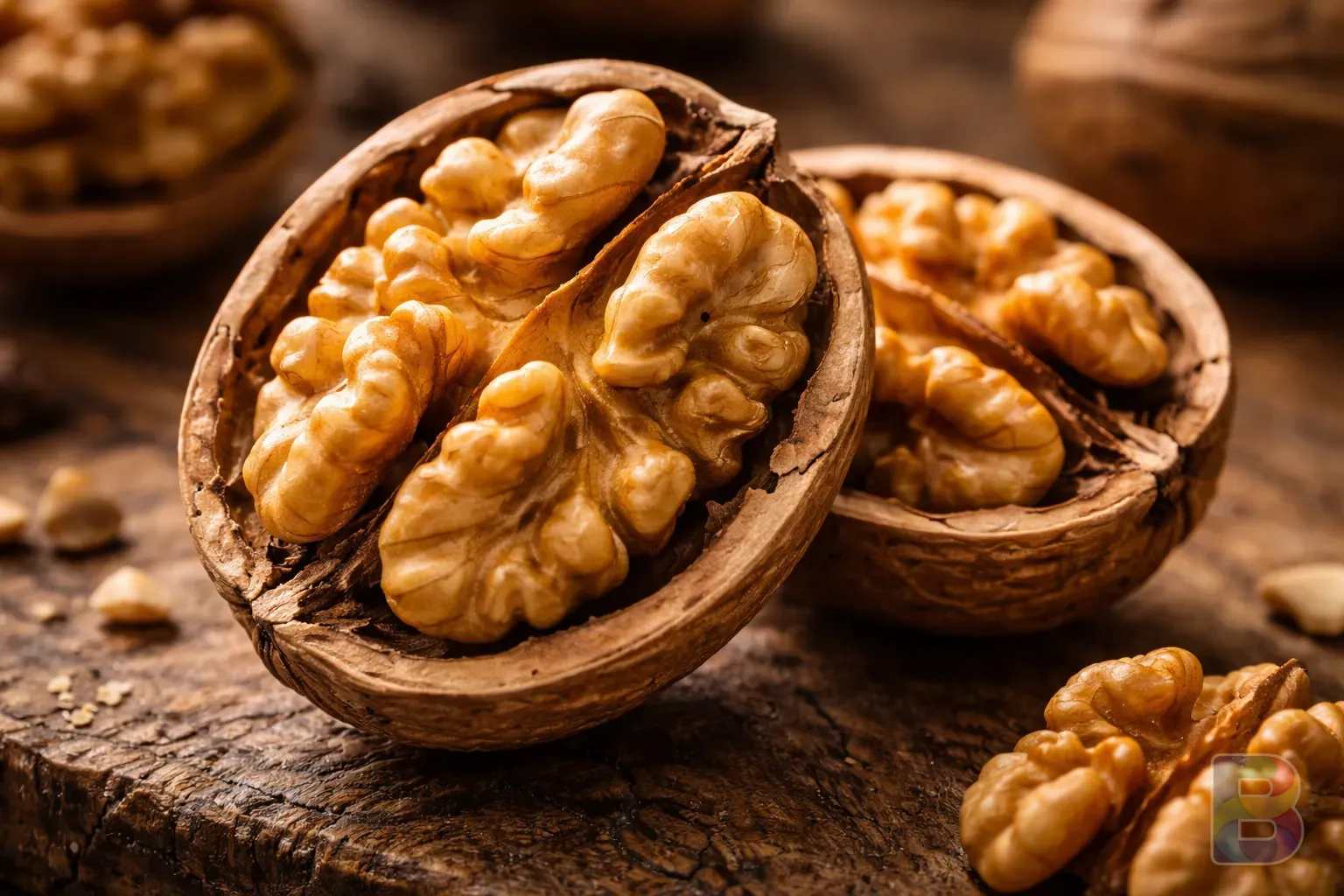 photorealistic, close-up of a walnut split in half, showing its brain-like structure, soft natural light, macro photography, detailed texture