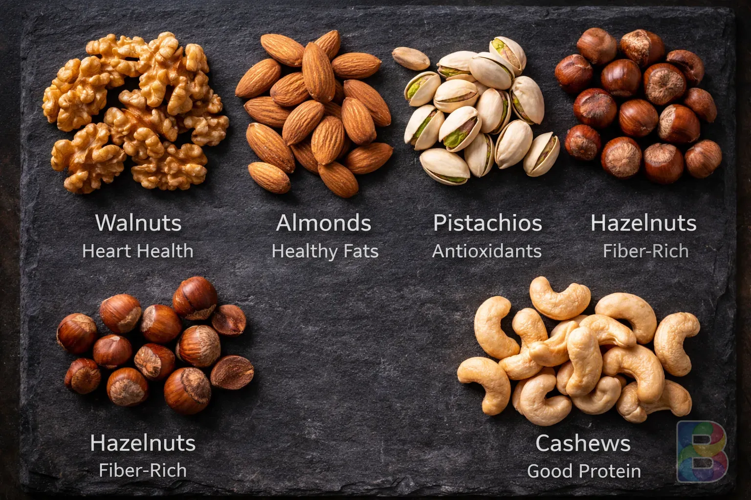 photorealistic, a variety of nuts arranged neatly on a dark slate board, labeled with health benefits, clean aesthetic, studio lighting