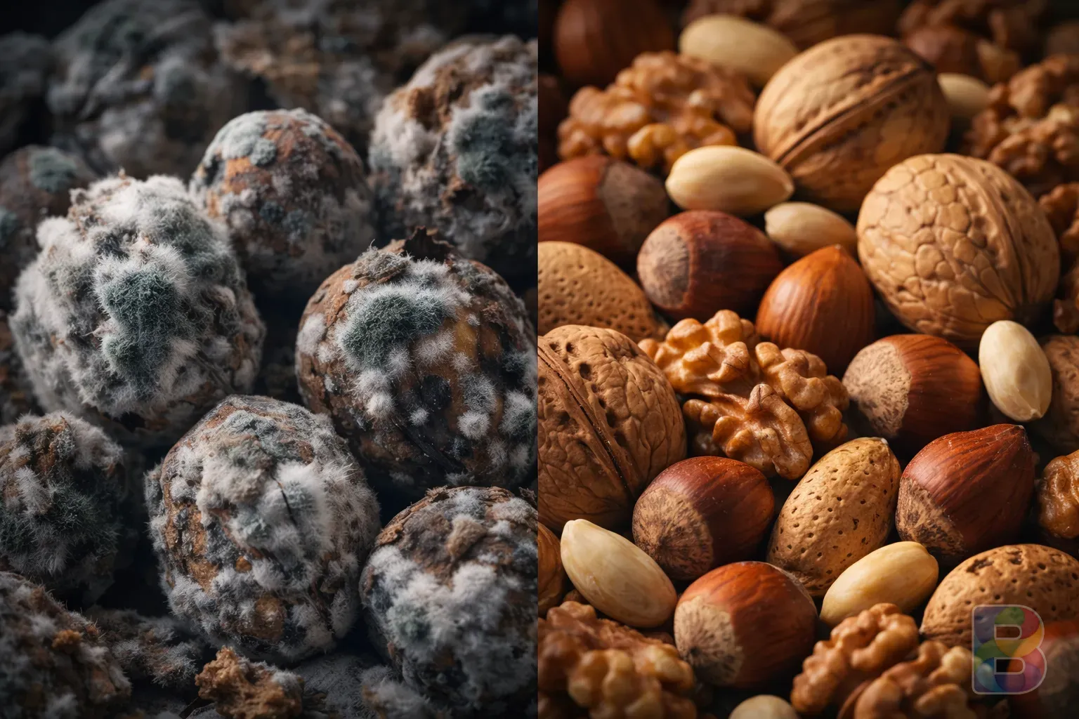 photorealistic, moldy nuts close-up to show danger signs, contrasting with fresh ones, informative and warning mood, high detail