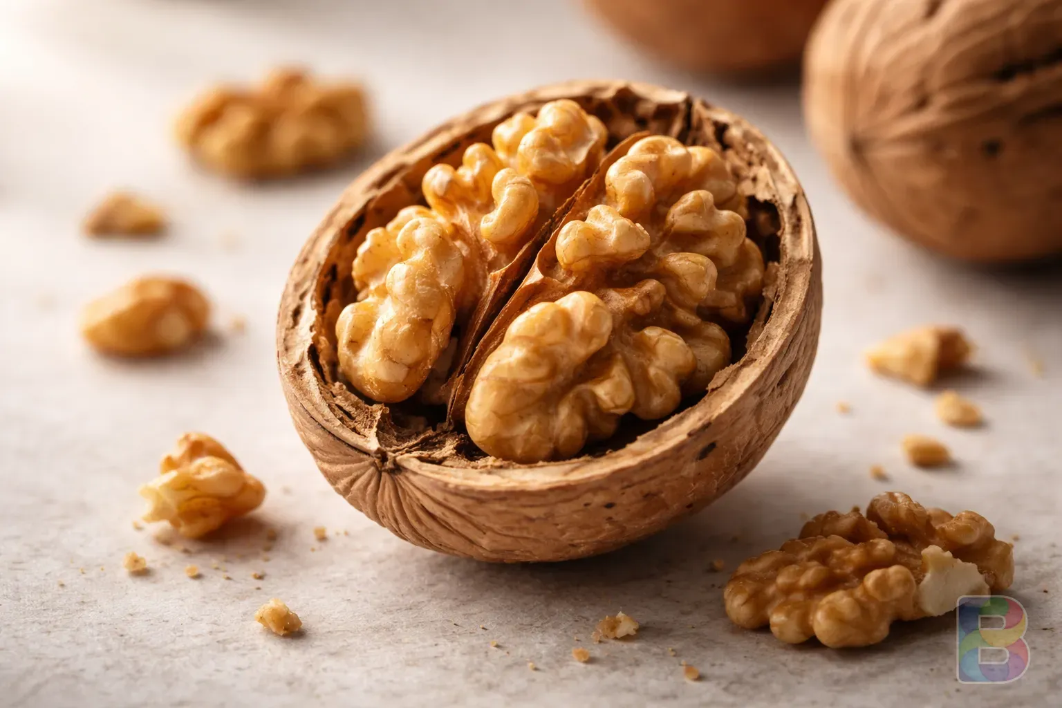 photorealistic, macro shot of a cracked walnut showing its brain-like structure, golden lighting emphasizing textures, clean laboratory-style background but with organic warmth