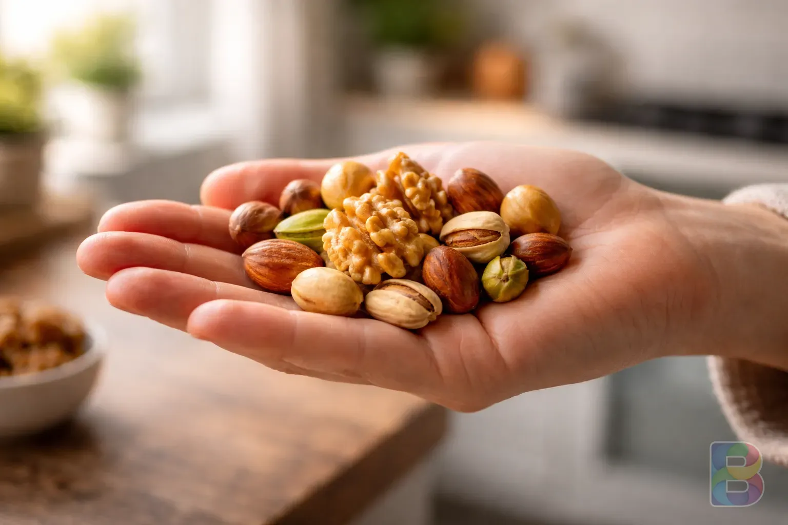 photorealistic, a person's palm holding exactly 30g of mixed nuts, soft focus background of a modern kitchen, clean and healthy vibe, natural lighting