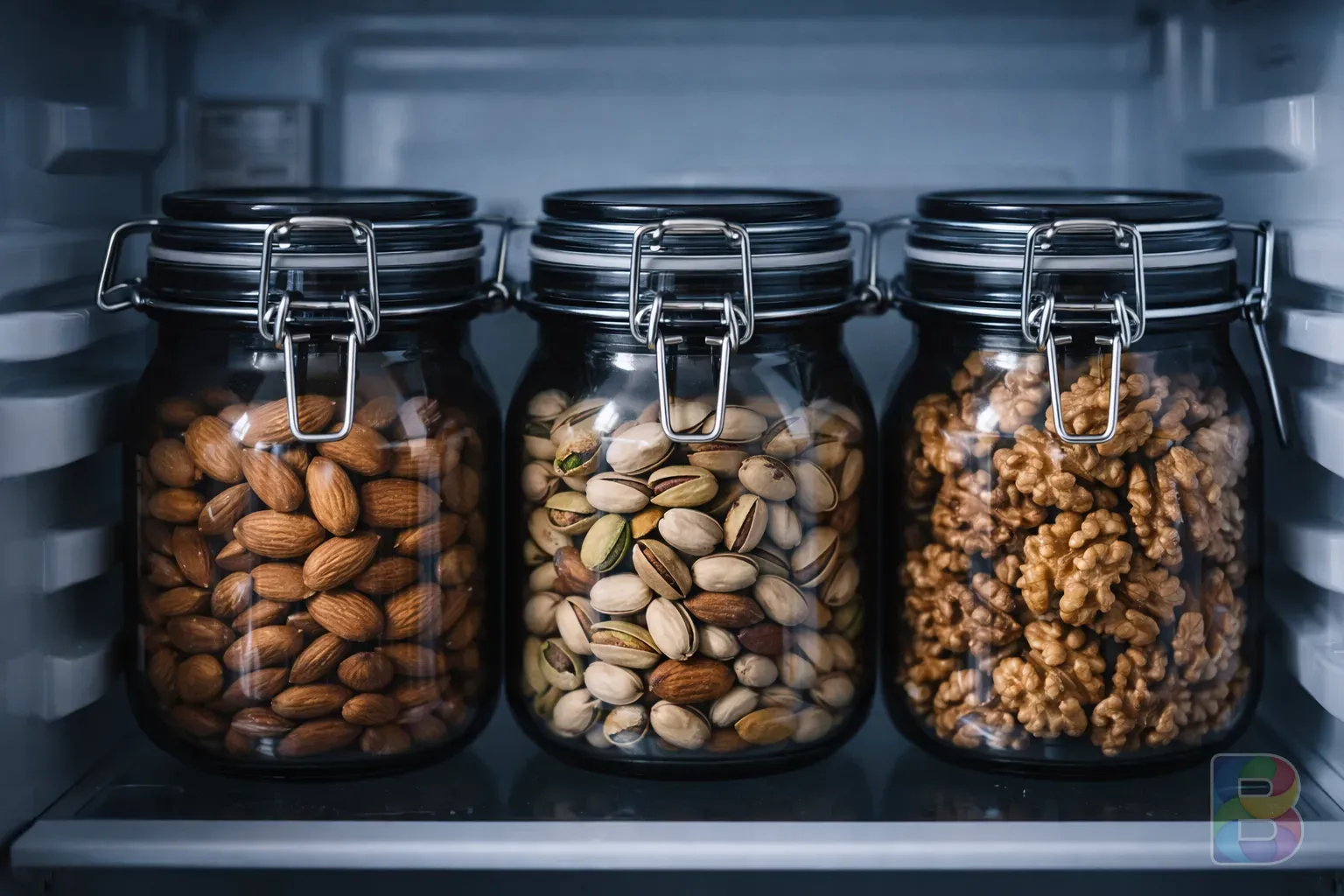 photorealistic, dark glass jars filled with nuts inside a refrigerator, organized and clean, cool blue-toned lighting, focus on the airtight seal
