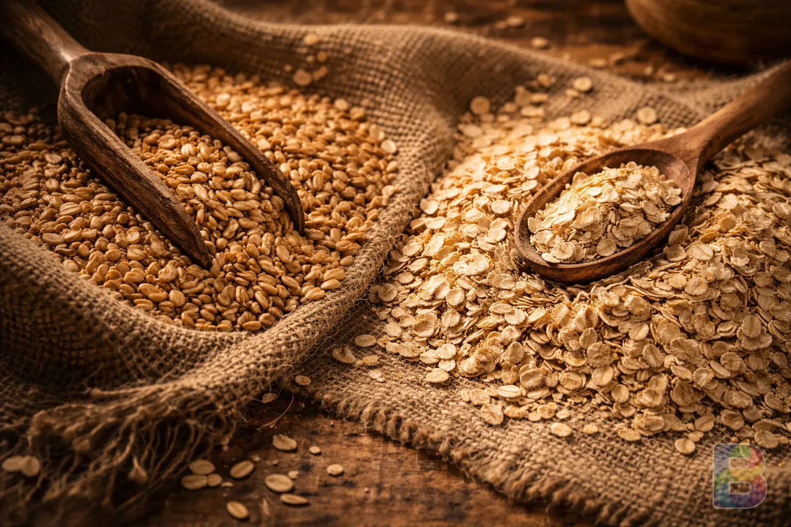 photorealistic, close-up shot of raw whole grain oats and rolled oats on a burlap sack, golden natural light, high detail texture, earthy tones