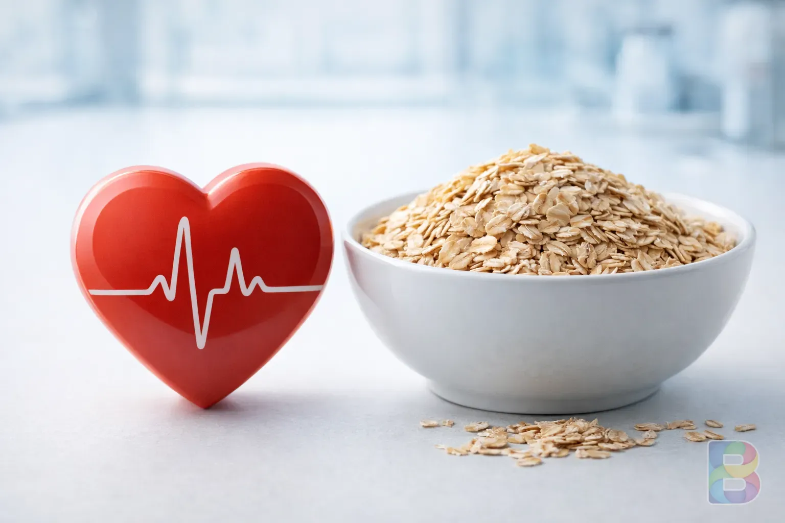 photorealistic, detail shot of a healthy heart icon next to a bowl of oats, clean clinical background, soft blue and white lighting, professional mood
