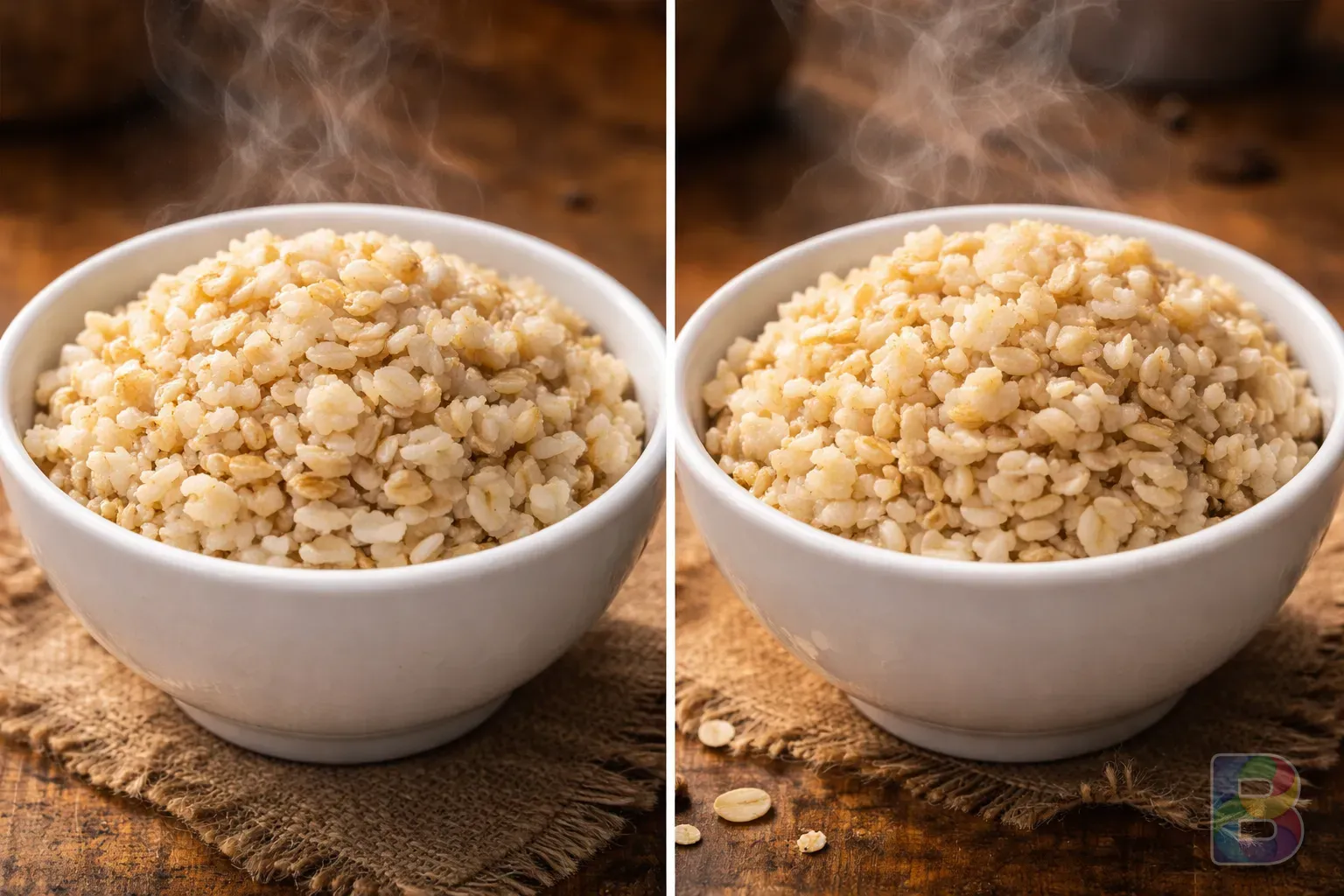 photorealistic, side-by-side comparison of cooked oat rice and barley rice in small white porcelain bowls, steam, natural soft light, focus on grain texture