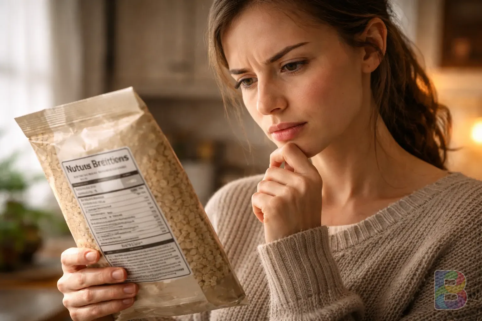 photorealistic, close-up of a person looking at a nutrition label on an oat package, slightly confused but focused expression, soft home lighting