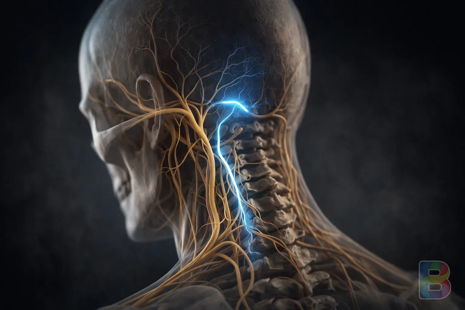 photorealistic, anatomical 3d render of human neck and head nerves, occipital nerve highlighted in soft blue light, cinematic medical visualization