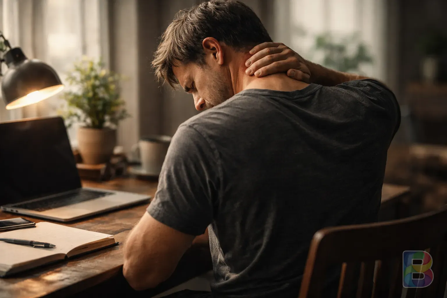 photorealistic, person sitting at a desk rubbing their neck, soft morning light, cinematic indoor setting, focus on posture